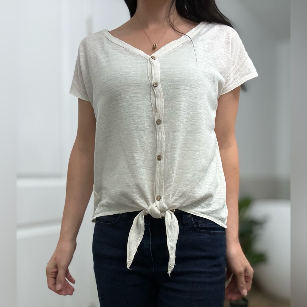 Rachel Zoe Off-White Button-Down Tie-Front Linen Top